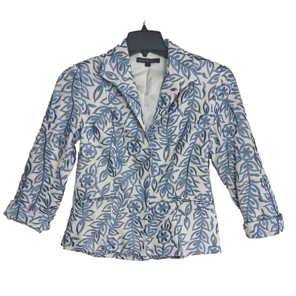 LAFAYETTE 148 Linen Floral White Blue Blazer Jacket 4 Lined Embroidery Career